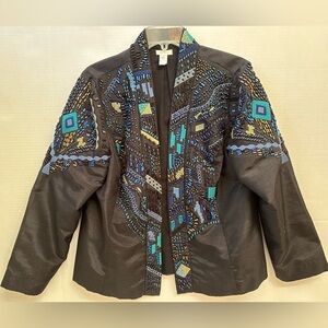 Chico’s Beaded Embroidered Artisan Jacket Size 2 Black Cool Tones Artsy